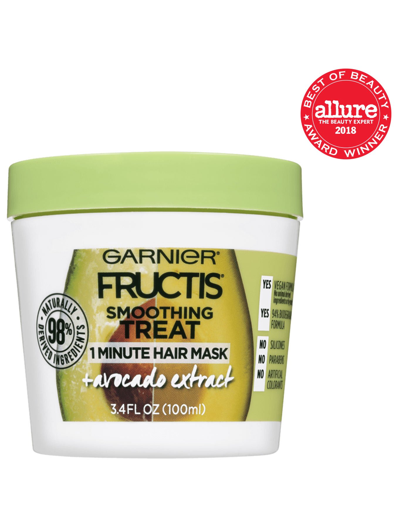 Front view of Garnier Fructis 1-Minute Hair Mask with Avocado Extract with the Allure Best of Beauty Award badge.